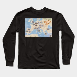 European cities old style hand drawn line art vector illustrations displayed on a map Long Sleeve T-Shirt